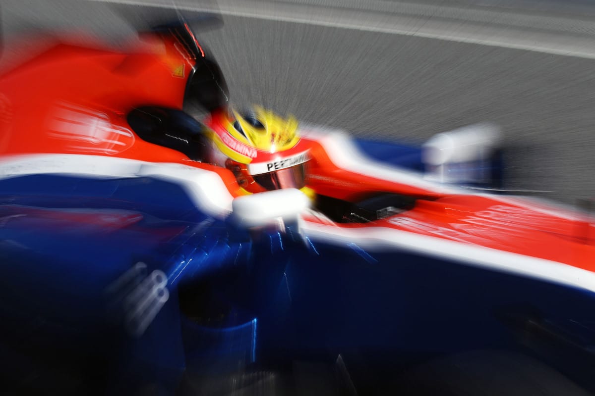Pembalap Formula 1 dari Manor Racing, Rio Haryanto memacu mobil MRT05 saat tes di Sirkuit de Barcelona-Catalunya, Spanyol, Selasa (1/3). ANTARA FOTO/Manor Racing Media/aww/16.