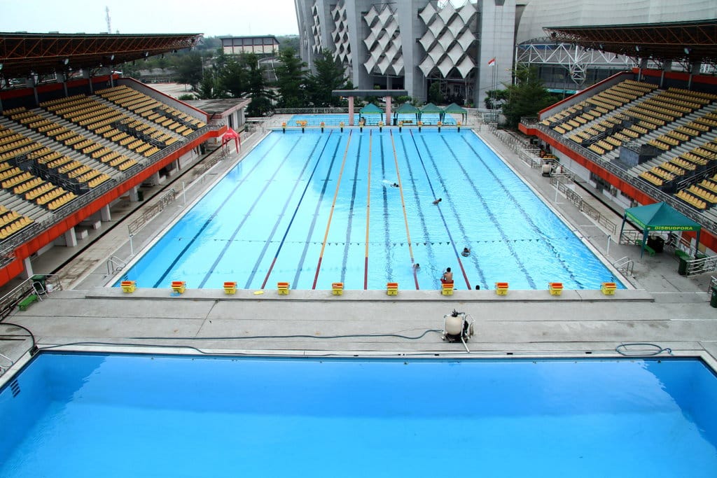 Suasana kolam renang Aquatik Center Wibawa Mukti di Cikarang, Kabupaten Bekasi, Jawa Barat, Senin (11/11/2019). ANTARA FOTO/Risky Andrianto/wsj. TEMPAT PUSAT PELATIHAN ATLET RENANG