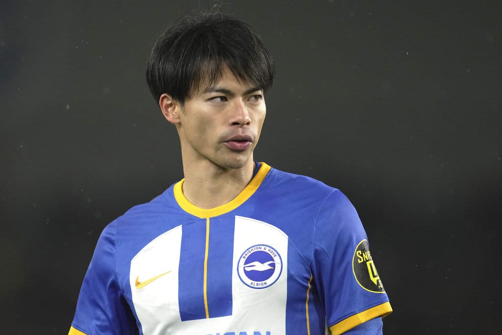 Kaoru Mitoma dari Brighton selama pertandingan sepak bola Liga Premier antara Brighton dan Hove Albion dan Crystal Palace di American Express Community Stadium di Brighton, Inggris, Rabu, 15 Maret 2023. (AP Photo/Kin Cheung) Kaoru Mitoma