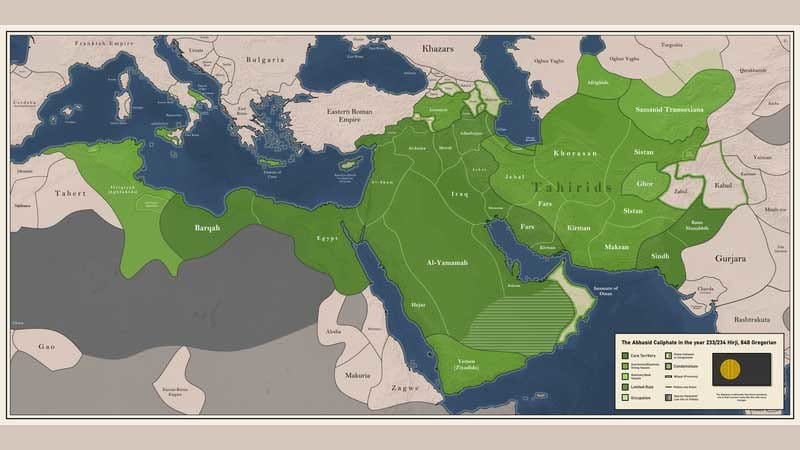 Peta wilayah kekuasaan Dinasti Abbasiyah. wikimedia commons/AbdurRahman AbdulMoneim Peta Dinasti Abbasiyah