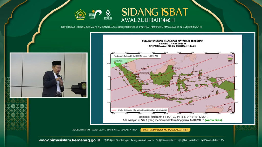 Tim Hisab dan Rukyat Kementeria Agama (Kemenag) RI, Cecep Nurwendaya, memaparkan data dalam Seminar Posisi Hilal Penentuan 1 Zulhijjah 1446H di Jakarta. Selasa (27/5/2025). FOTO/Tangkapan layar YouTube Bimas Islam TV. pengumuman Hilal Penentuan 1 Zulhijjah 1446H