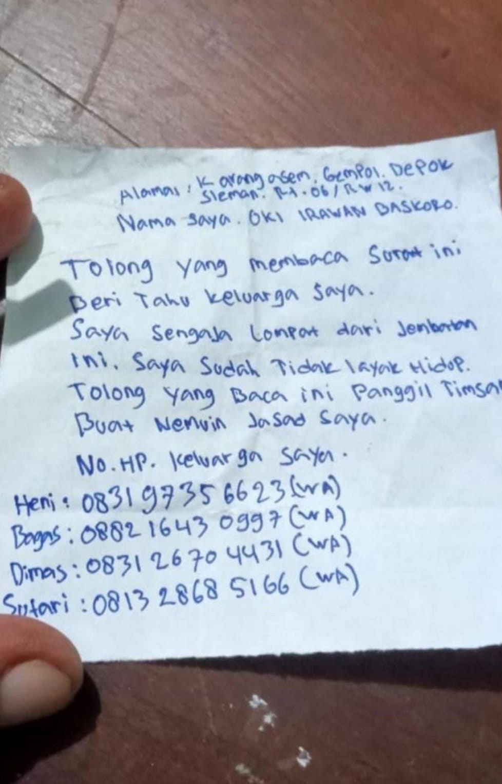 Surat permintaan tolong yang ditulis pelaku percobaan bunuh diri. FOTO/Humas Polres Bantul Dugaan Bunuh Diri di Jembatan Kretek