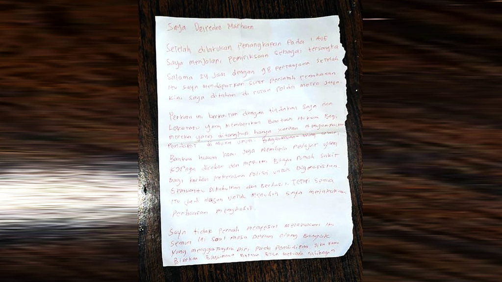 foto surat Direktur Lokataru, Delpredro Marhaen, dari dalam rumah tahanan Polda Metro Jaya. foto/istimewa Surat Direktur Lokataru