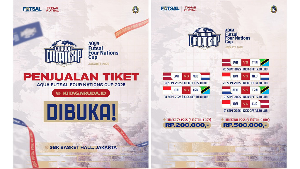 Poster Penjualan Tiket Timnas Futsal 4 Nations Cup 2025. Instagram/@timnasfutsal Poster Penjualan Tiket Timnas Futsal 4 Nations Cup 2025