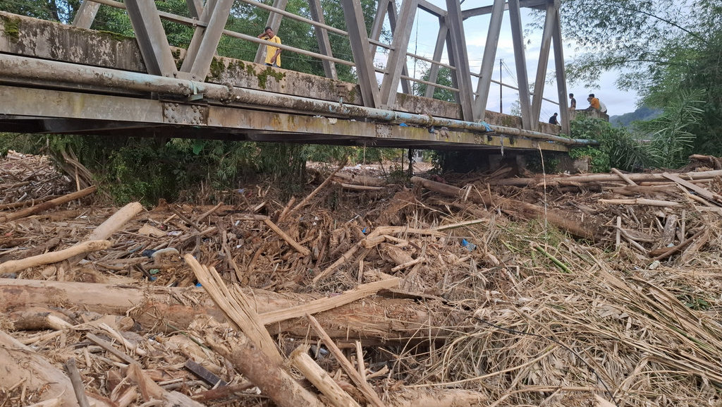 Ribuan kayu gelondongan dengan ukuran diameter puluhan sentimeter menumpuk di sepanjang Sungai Aek Godang yang berada di Kelurahan Tukka, Kecamatan Tukka, Kabupaten Tapanuli Tengah pada Kamis (4/12/2025). tirto.id/M. Irfan Al Amin Gelondongan Kayu Menumpuk di Aliran Sungai Tapteng