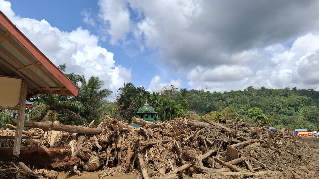 Tumpukan gelondongan kayu mengitari salah satu masjid di Desa Garoga, Kecamatan Batang Toru, Kabupaten Tapanuli Selatan, Sumatra Utara pada Sabtu (6/12/2025). tirto.id/M. Irfan Al Amin Tumpukan gelondongan kayu di Tapanuli Selatan