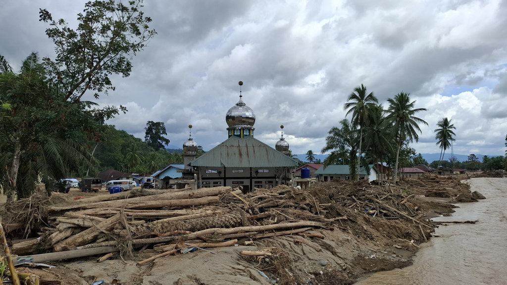 Tumpukan gelondongan kayu mengitari salah satu masjid di Desa Garoga, Kecamatan Batang Toru, Kabupaten Tapanuli Selatan, Sumatra Utara pada Sabtu (6/12/2025). tirto.id/M. Irfan Al Amin Tumpukan gelondongan kayu di Tapanuli Selatan