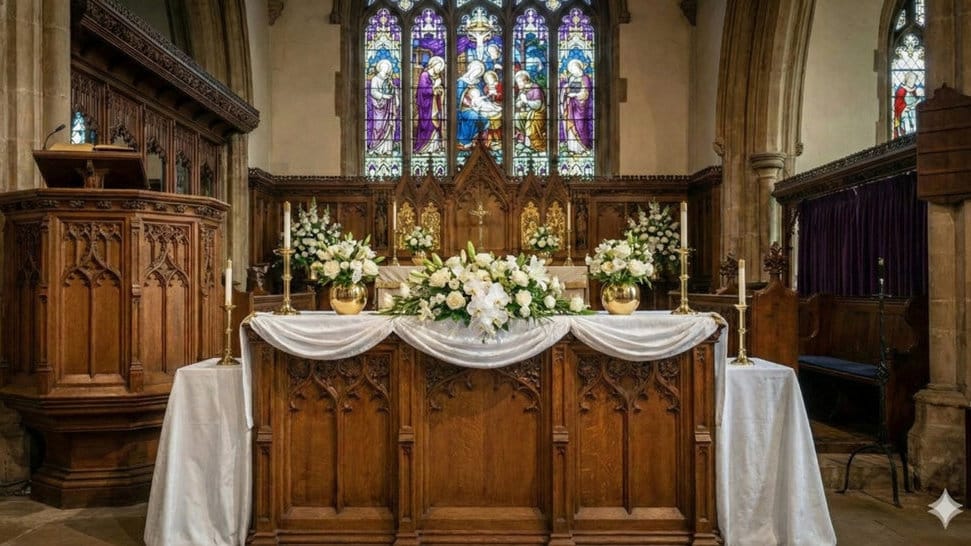 Hasil generator AI, Prompt Gemini AI Dekorasi Natal Altar Gereja. FOTO/Gemini AI Prompt Gemini AI Dekorasi Natal Altar Gereja