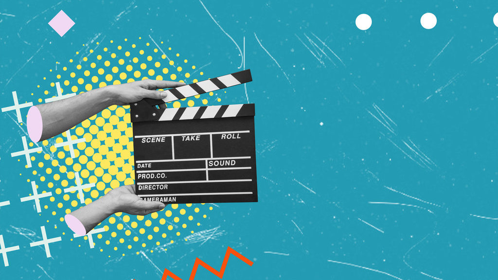 Ilustrasi papan genta membuat bioskop video di studio. Header diajeng film akhir tahun