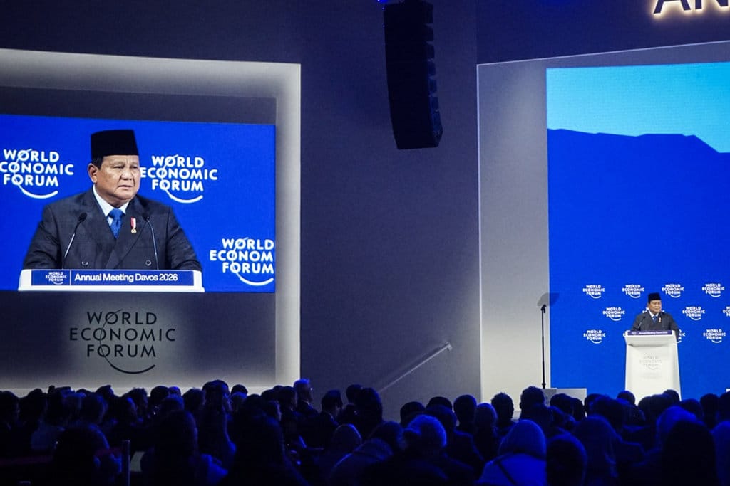 Presiden Prabowo Subianto menyampaikan pidato saat World Economic Forum (WEF) 2026 di Congress Hall, Davos, Swiss, Kamis (22/1/2026). Presiden Prabowo dalam pidatonya membahas Danantara dan peran dalam ekonomi Indonesia. ANTARA FOTO/Aria Cindyara/bay/tom. Pidato Presiden Prabowo di World Economic Forum 2026