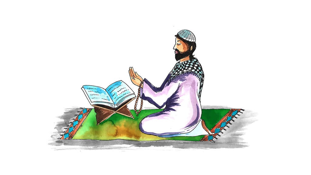 Ilustrasi pria muslim berdoa dan Alquran. FOTO/freepik.com Ilustrasi pria muslim berdoa dan Alquran