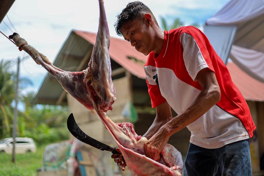 Pekerja memotong daging hewan qurban di peternakan Sultan Muda farm di desa Cempeudak, Kecamatan Tanah Jambo Aye, Aceh Utara. tirto.id/Firhan Farabi Daging Qurban Aceh Utara
