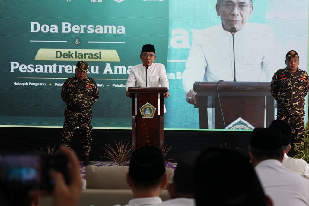 Rabithah Ma'ahid Islamiyah Pengurus Besar Nahdlatul Ulama (RMI PBNU) bersama Satuan Anti Kekerasan (SAKA) PBNU resmi meluncurkan Kampanye Gerakan Nasional 'Pesantrenku Aman' di Pondok Pesantren Al Yasini, Pasuruan, Jawa Timur, pada Selasa (2/6/2026). (Sumber: RMI PBNU) Deklarasi Pesantrenku Aman