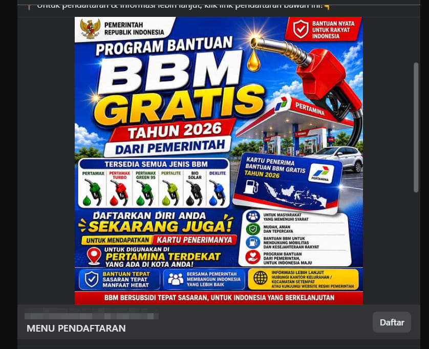 Periksa Fakta bantuan BBM gratis 2026. foto/hotline periksa fakta tirto Periksa Fakta bantuan BBM gratis 2026
