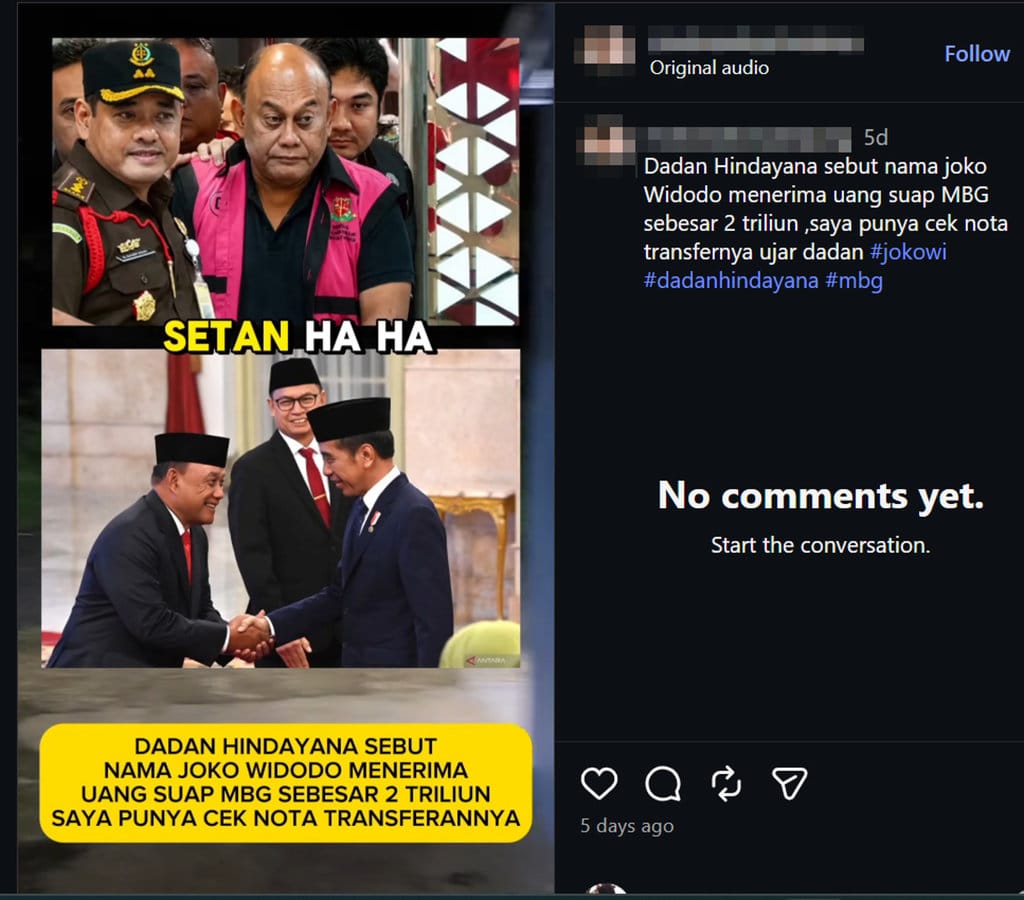 Periksa Fakta Jokowi Terima Uang Suap MBG. FOTO/Hotline Periksa Fakta Tirto Periksa Fakta Jokowi Terima Uang Suap MBG