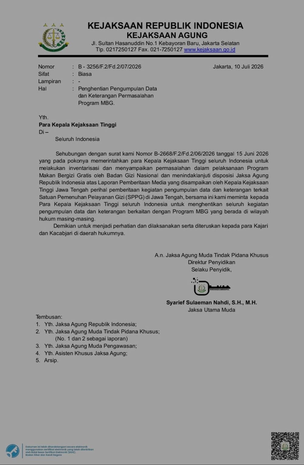 Surat edaran Kejaksaan Agung terkait penghentian pengumpulan data program MBG. (FOTO/Dokumentasi Istimewa) Surat Edaran Kejaksaan Agung