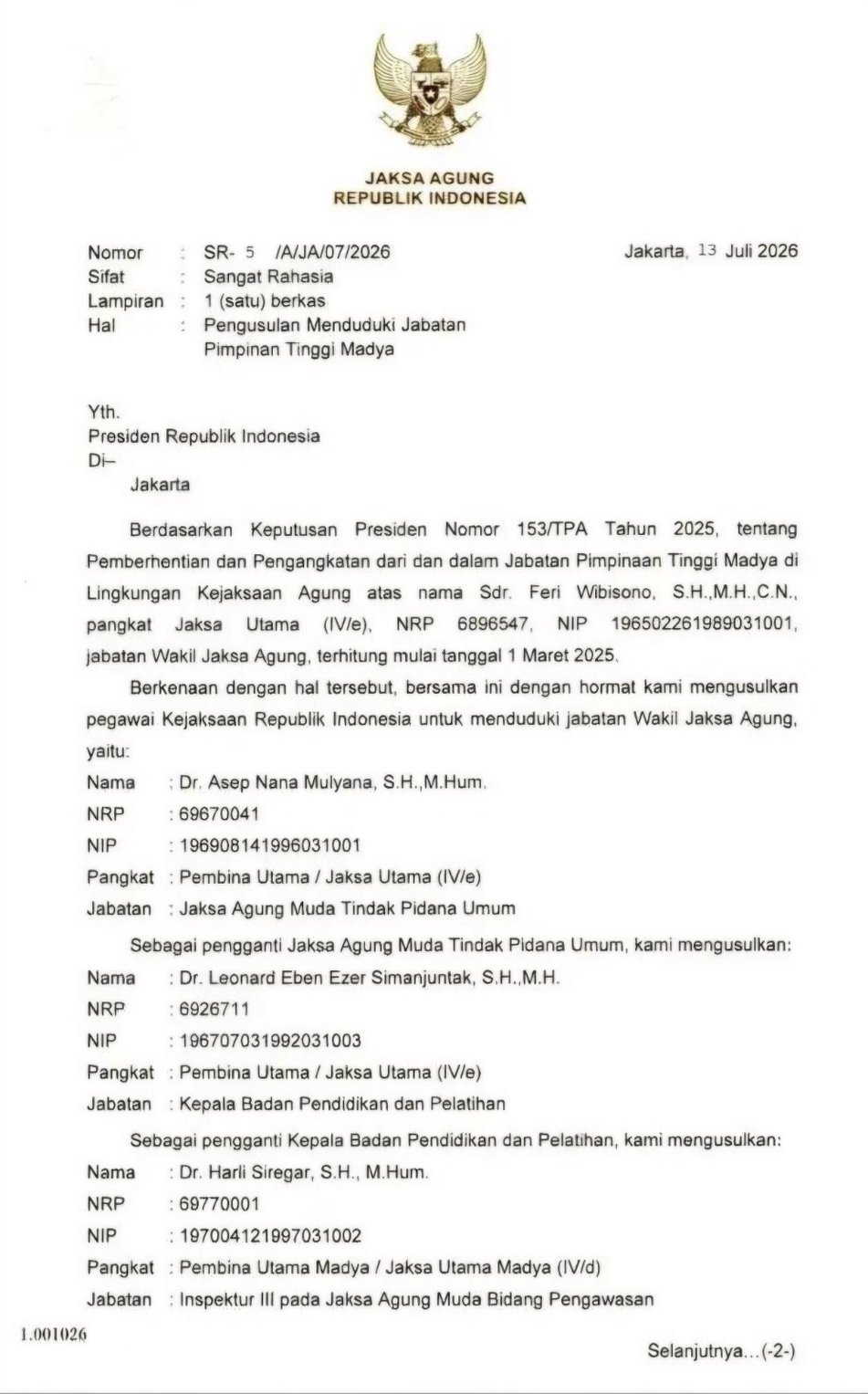 Surat Pengusulan Menduduki Jabatan Pimpinan Tinggi Madya. foto/Dok. Jaksa Agung St Burhanuddin Surat Pengusulan Menduduki Jabatan Pimpinan Tinggi Mady