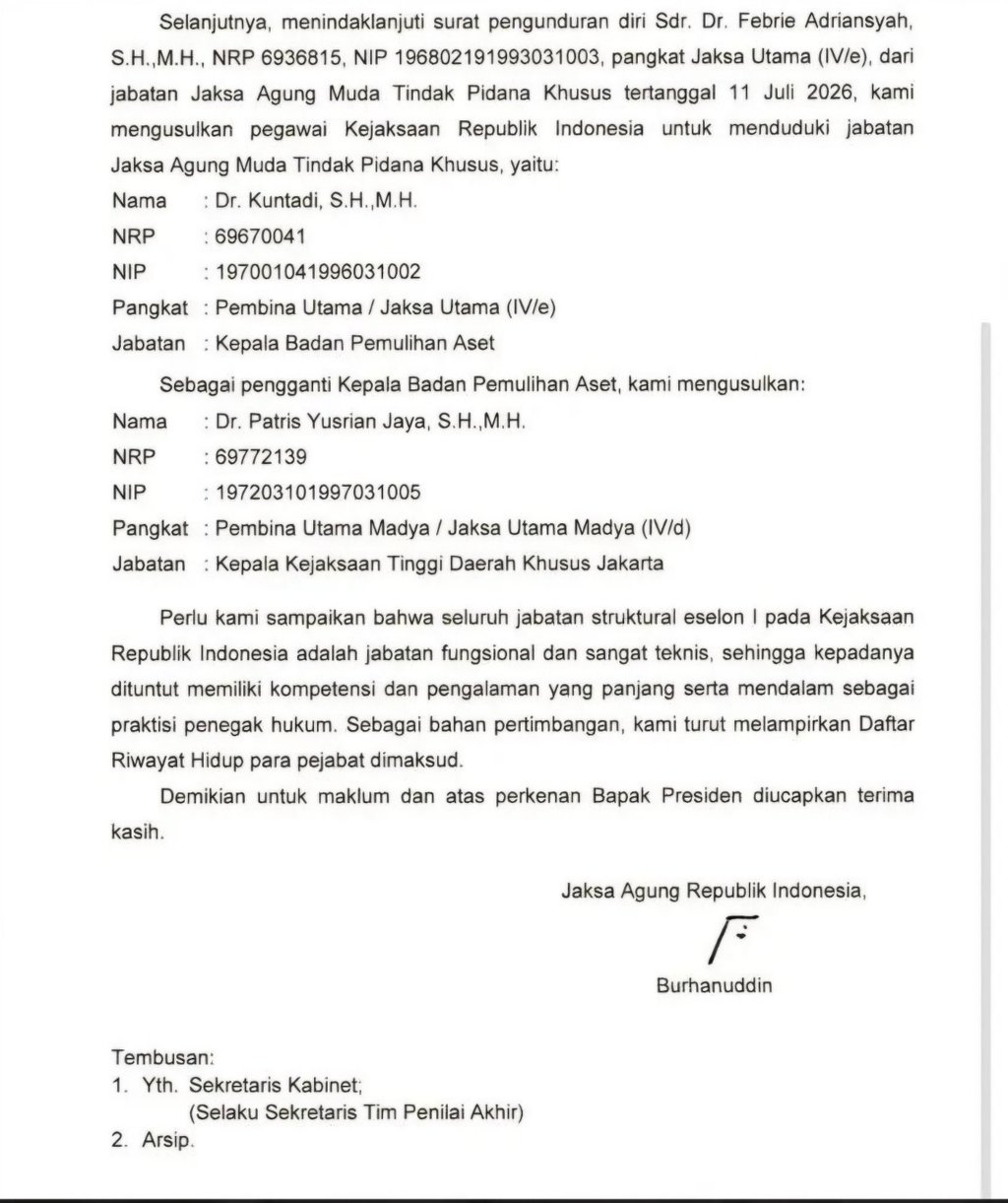 Surat Pengusulan Menduduki Jabatan Pimpinan Tinggi Madya. foto/Dok. Jaksa Agung St Burhanuddin Surat Pengusulan Menduduki Jabatan Pimpinan Tinggi Mady