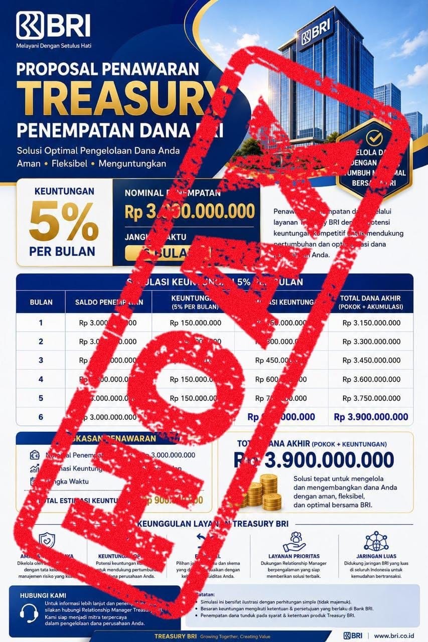 Hoaks penawaran yang mengatasnamakan Program Treasury BRI. Foto/ Dokumentasi BRI. Hoaks Treasury BRI