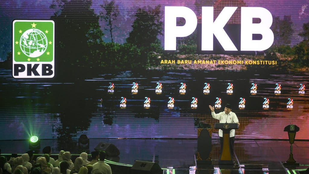 Presiden Prabowo Subianto memberikan pidato saat menghadiri peringatan Harlah ke-28 PKB di Jakarta, Kamis (23/7/2026). ANTARA FOTO/Hafidz Mubarak A/foc. Peringatan Harlah ke-28 PKB
