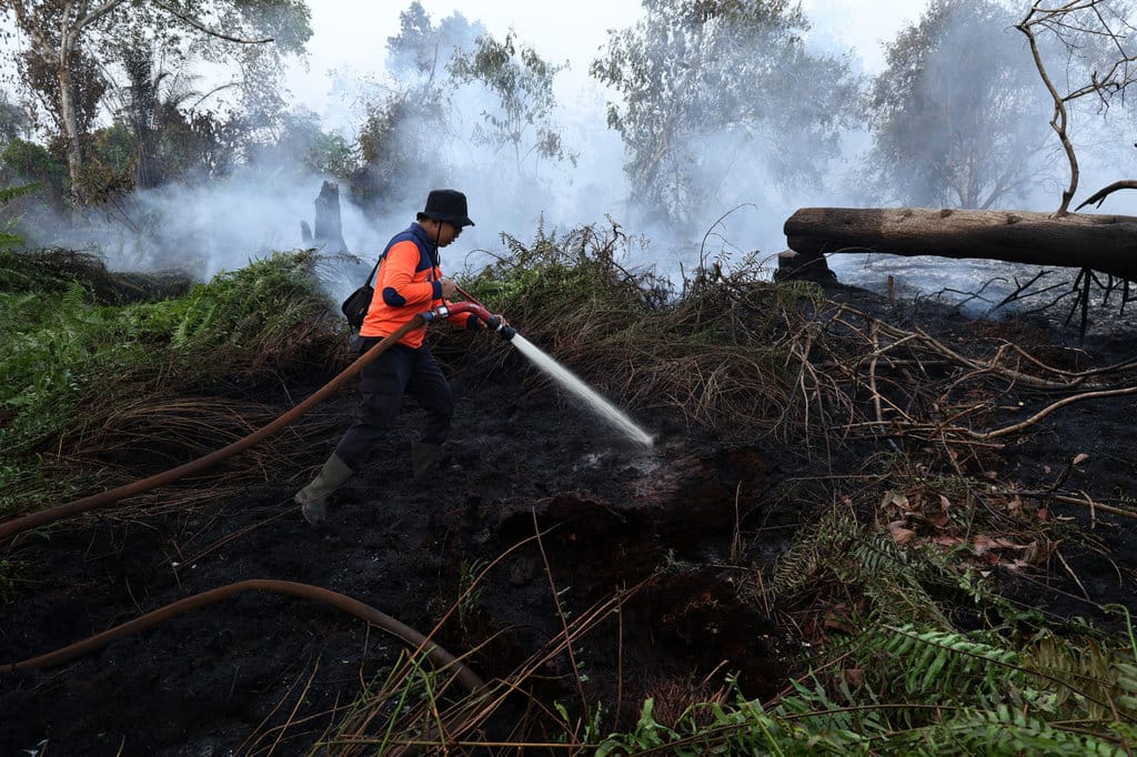Personel BPBD Kabupaten Kubu Raya menyemprotkan air ke lahan gambut yang terbakar di belakang Komplek Arwana Indah, Desa Limbung, Kecamatan Sungai Raya, Kabupaten Kubu Raya, Kalimantan Barat, Selasa (4/8/2026). ANTARA FOTO/Jessica Wuysang/YU Pemadaman karhutla cegah api dekati Bandara