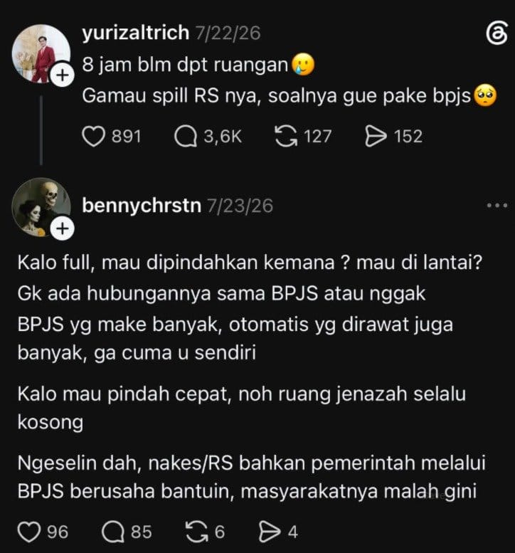 Komentar nirempati di utas Threads milik mendiang Yurizal. Threads/Sunyidibaliksenyum Komentar Nirempati di Threads Yurizal