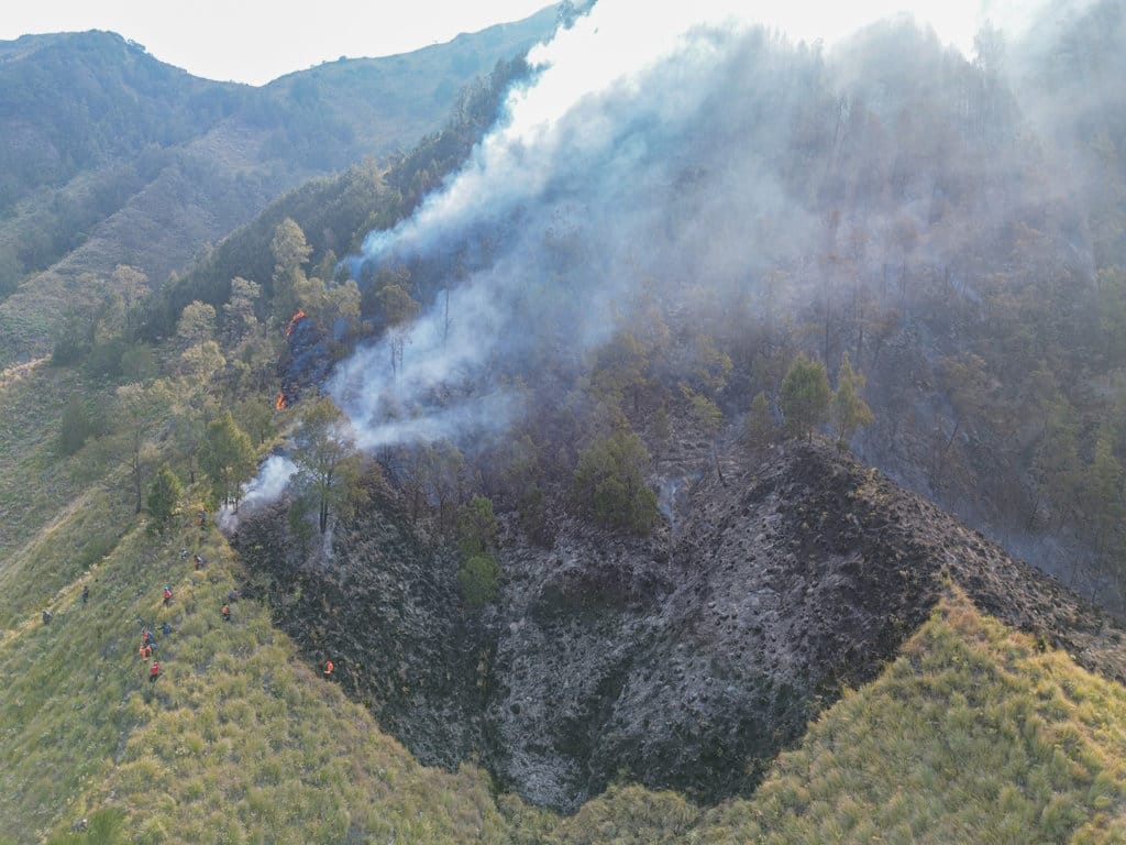Foto udara kebakaran hutan di Tengger Semeru (TNBTS), Kabupaten Pasuruan, Jawa Timur, Senin (10/8/2026). Balai Besar TNBTS menutup seluruh akses masuk kawasan wisata Bromo sejak Sabtu (8/8/2026) pukul 22.00 WIB akibat perkembangan kebakaran hutan dan lahan, sebagai upaya menjaga keselamatan wisatawan serta mendukung proses penanganan kebakaran. ANTARA FOTO/Irfan Sumanjaya/nz Penutupan akses wisata Bromo akibat kebakaran