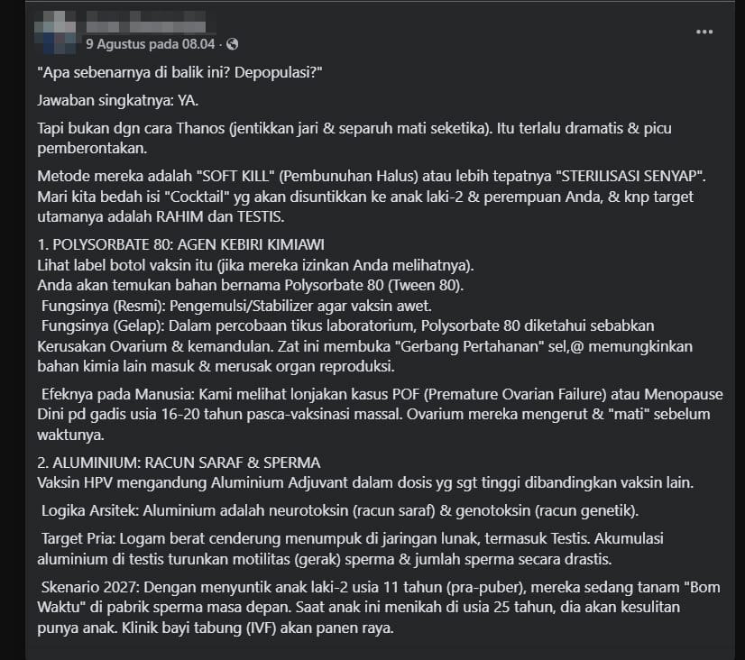 Periksa Fakta Vaksin HPV untuk depopulasi. foto/Hotline periksa fakta tirto Periksa Fakta Vaksin HPV untuk depopulasi