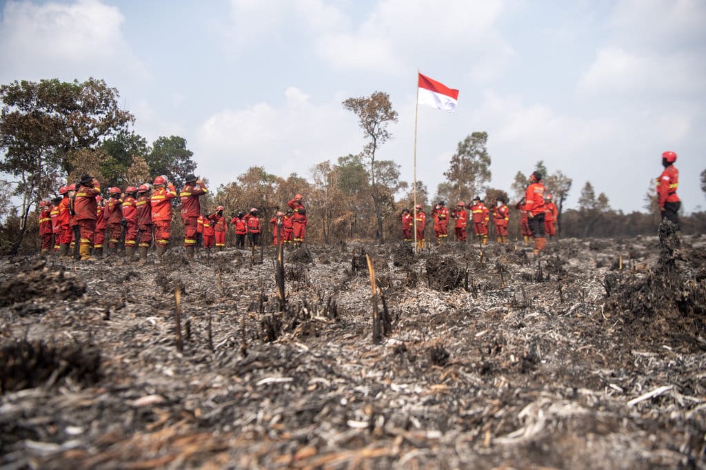 Personel Manggala Agni Daops Sumatera XIV-Banyuasin, Daops Sumatera XII-Muara Tebo, Daops Sumatera XIII-Sarolangon mengikuti upacara HUT Kemerdekaan ke-81 Republik Indonesia di lokasi Kebakaran Hutan dan Lahan (Karhutla) di Desa Sungai Rambutan, Kecamatan Pemulutan Barat, Kabupaten Ogan Ilir (OI), Sumatera Selatan, Senin (17/8/2026). ANTARA FOTO/Nova Wahyudi/wsj. Upacara HUT Kemerdekaan ke-81 di lokasi Karhutla