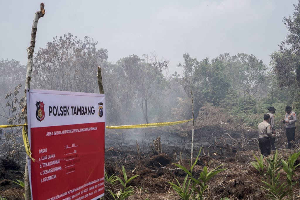 Petugas Kepolisian Polres Kampar memasang garis polisi saat menyegel lahan seluas lima hektare yang terbakar di Desa Rimbo Panjang, Kabupaten Kampar, Riau, Sabtu (22/8/2026). Penyegelan dilakukan guna memastikan penyebab terjadinya kebakaran lahan yang diduga dilakukan oleh orang tak bertanggung jawab untuk membuka lahan dengan cara membakar. ANTARA FOTO/Rony Muharrman/YU Polisi segel lokasi karhutla