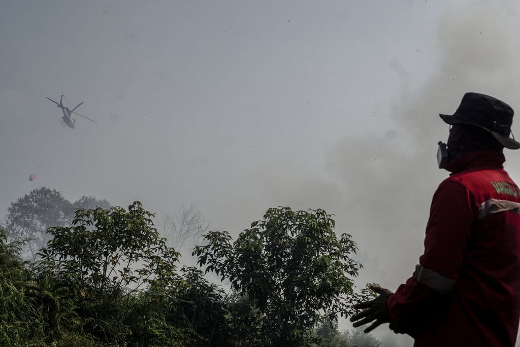 Helikopter melakukan water bombing saat berupaya memadamkan kebakaran lahan gambut yang terbakar usai Menteri Lingkungan Hidup Mohammad Jumhur Hidayat meninjau penanganan proses pemadaman kebakaran lahan gambut yang terjadi di Desa Rimbo Panjang, Kecamatan Tambang, Kabupaten Kampar, Riau, Sabtu (22/8/2026). Menteri LH menyebut dalam dua hari terakhir terjadi peningkatan titik panas dan di Indonesia saat ini terdapat 3800 titik panas karhutla yang tersebar di pulau Sumatera dan Kalimantan, namun Pemerintah terus memastikan agar penanganan karhutla berjalan secara optimal dan cepat. ANTARA FOTO/Rony Muharrman Upaya pemadaman Karhutla di Kampar