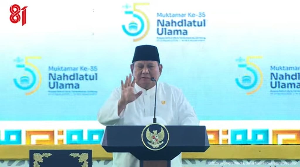 Presiden Prabowo Subianto saat membuka Muktamar ke-35 NU di Pondok Pesantren Bahrul Ulum Tambakberas, Kabupaten Jombang, Jawa Timur, Kamis (27/8/2026). FOTO/YouTube Sekretariat Presiden Muktamar NU ke-35