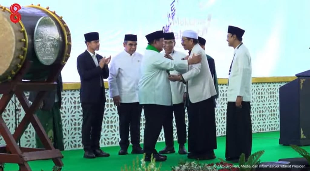 Presiden Prabowo Subianto saat membuka Muktamar ke-35 NU di Pondok Pesantren Bahrul Ulum Tambakberas, Kabupaten Jombang, Jawa Timur, Kamis (27/8/2026). FOTO/YouTube Sekretariat Presiden Muktamar NU ke-35