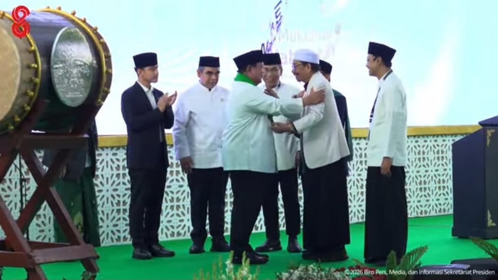 Presiden Prabowo Subianto saat membuka Muktamar ke-35 NU di Pondok Pesantren Bahrul Ulum Tambakberas, Kabupaten Jombang, Jawa Timur, Kamis (27/8/2026). FOTO/YouTube Sekretariat Presiden Muktamar NU ke-35