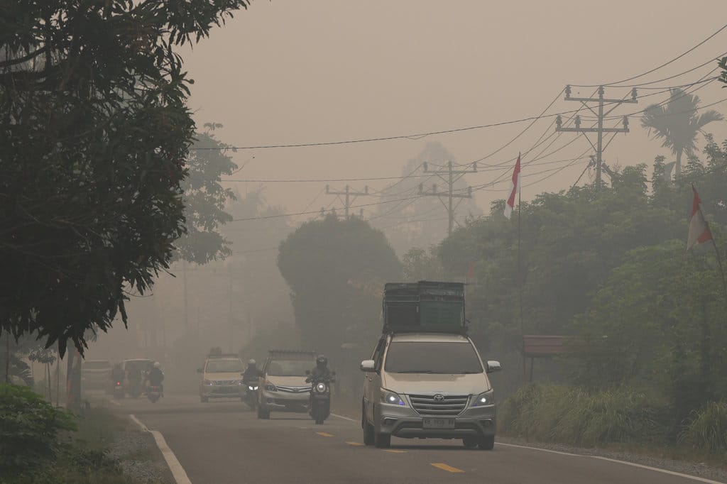 Sejumlah kendaraan melintasi jalan yang diselimuti kabut asap akibat kebakaran hutan dan lahan (karhutla) di Dusun Lintang Batang, Desa Teluk Bakung, Kecamatan Sungai Ambawang, Kabupaten Kubu Raya, Kalimantan Barat, Senin (31/8/2026). ANTARA FOTO/Jessica Wuysang/tom. Kabut asap karhutla di Lintang Batang Kalbar