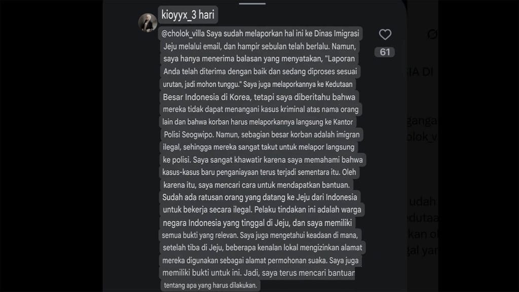 Tangkapan Layar Perdagangan Manusia Jeju Island. x/Kioyyx Perdagangan Manusia Jeju Island