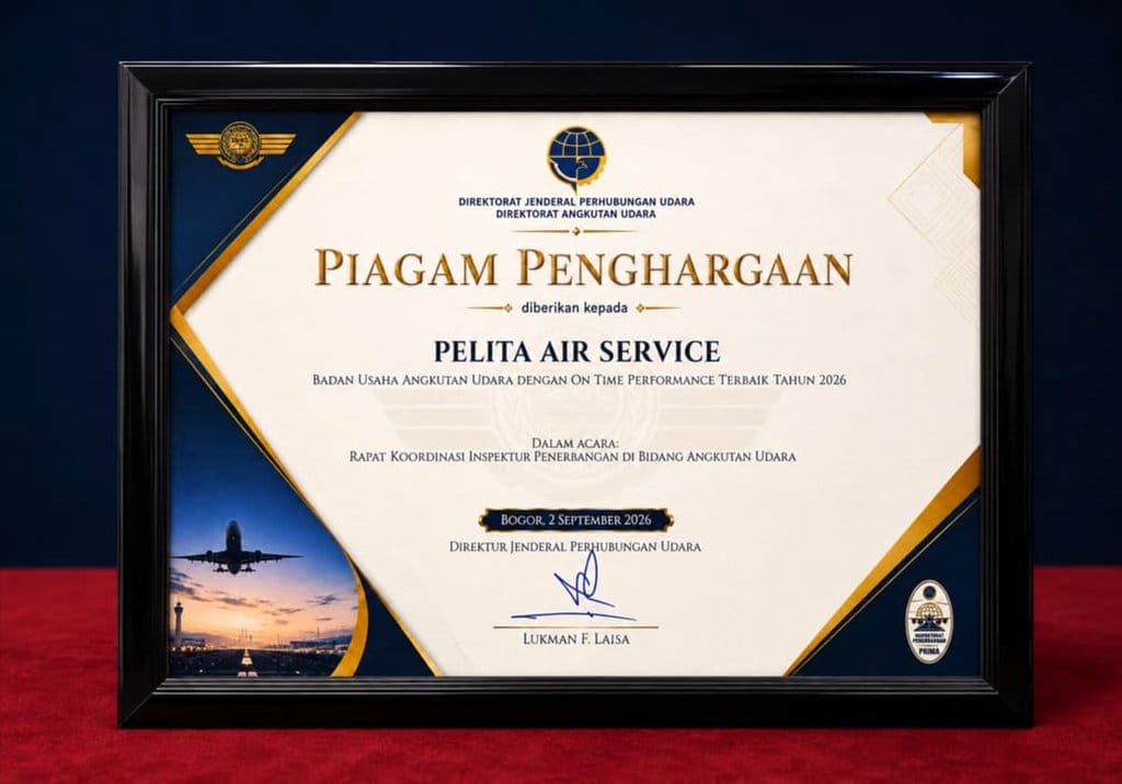 Pelita Air meraih penghargaan sebagai Badan Usaha Angkutan Udara dengan On-Time Performance Terbaik Tahun 2026 dari Ditjen Perhubungan Udara, Kemenhub RI. Foto/Dok. Pelita Air. Pelita Air meraih penghargaan