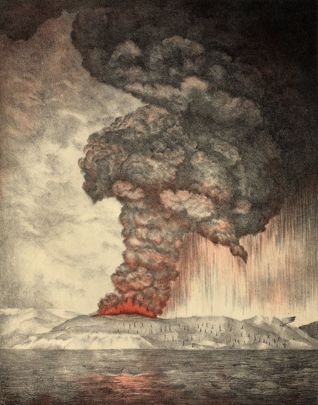 Sebuah litografi tahun 1888 tentang letusan Gunung Krakatau tahun 1883. Foto: The eruption of Krakatoa, and subsequent phenomena (1888)/Wikipedia Sebuah litografi tahun 1888 tentang letusan Gunung Krakatau tahun 1883