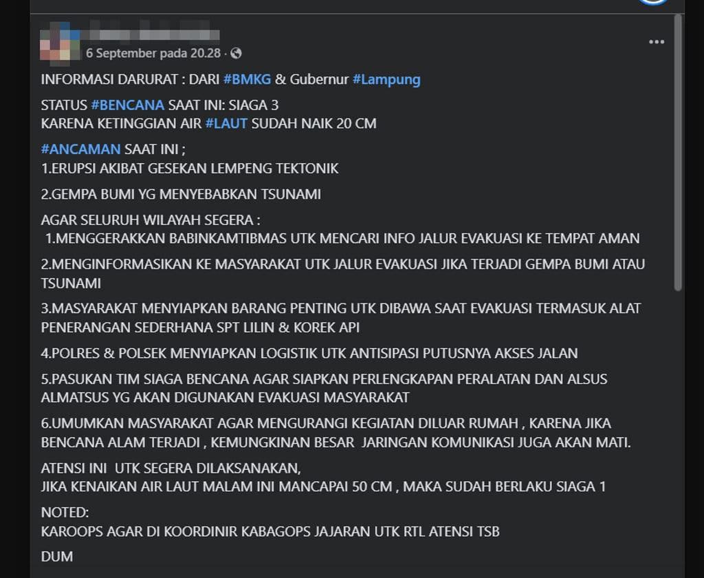 periksa fakta informasi darurat dari BMKG dan Gubernur Lampung. periksa fakta informasi darurat dari BMKG