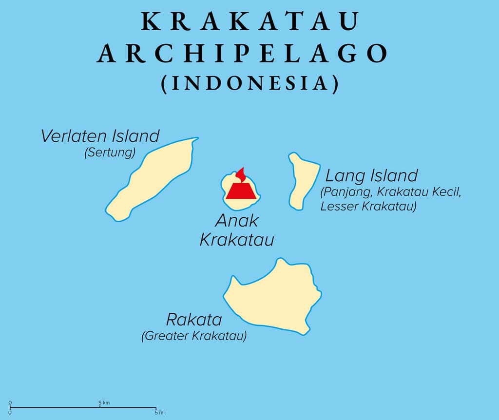 Peta Gunung Anak Krakatau, Pulau Rakata, dan Pulau Panjang. FOTO/iStockphoto Gunung Anak Krakatau, Pulau Rakata, dan Pulau Panjang