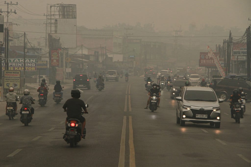 Sejumlah pengendara melintas di Jalan Tjilik Riwut yang diselimuti asap di Palangka Raya, Kalimantan Tengah, Sabtu (12/9/2026). Dashboard Karhutla Kota Palangka Raya mencatat jarak pandang hanya 500 meter pada Sabtu (12/9) pukul 15.24 WIB akibat kabut asap kebakaran hutan dan lahan (karhutla). ANTARA FOTO/Auliya Rahman/tom. Kabut asap karhutla di Palangka Raya