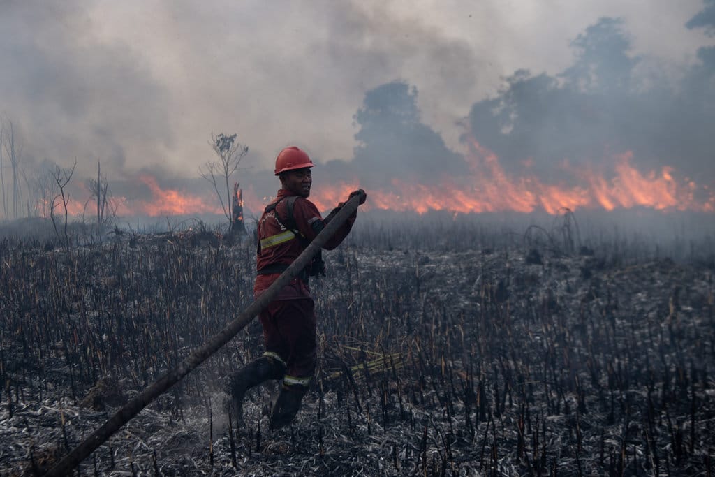 Personel Manggala Agni Daops Sumatera XIV-Banyuasin menarik selang air untuk memadamkan kebakaran lahan di Desa Rambutan, Kecamatan Indralaya Utara, Kabupaten Ogan Ilir (OI), Sumatera Selatan, Sabtu (12/9/2026). Petugas gabungan dari Manggala Agni Daops Sumatera XIV-Banyuasin, Daops Sumatera XIII-Sarolangun, Daops Sumatera XII-Muara Tebo, BPBD, Basarnas Sumsel, dan TNI berhasil memadamkan kebakaran yang terjadi sejak Jumat (11/9). ANTARA FOTO/Nova Wahyudi/tom. Pemadaman kebakaran lahan di Ogan Ilir