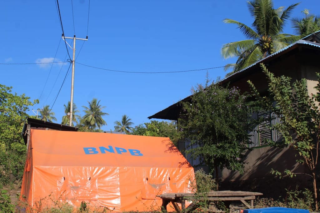 Tenda pengungsian BNPB di salah satu halaman rumah warga di Desa Reruwairere, Kecamatan Palue, Kabupaten Sikka. (Foto: Mario Sina) Newsplus 32 Hari Pascagempa Flores