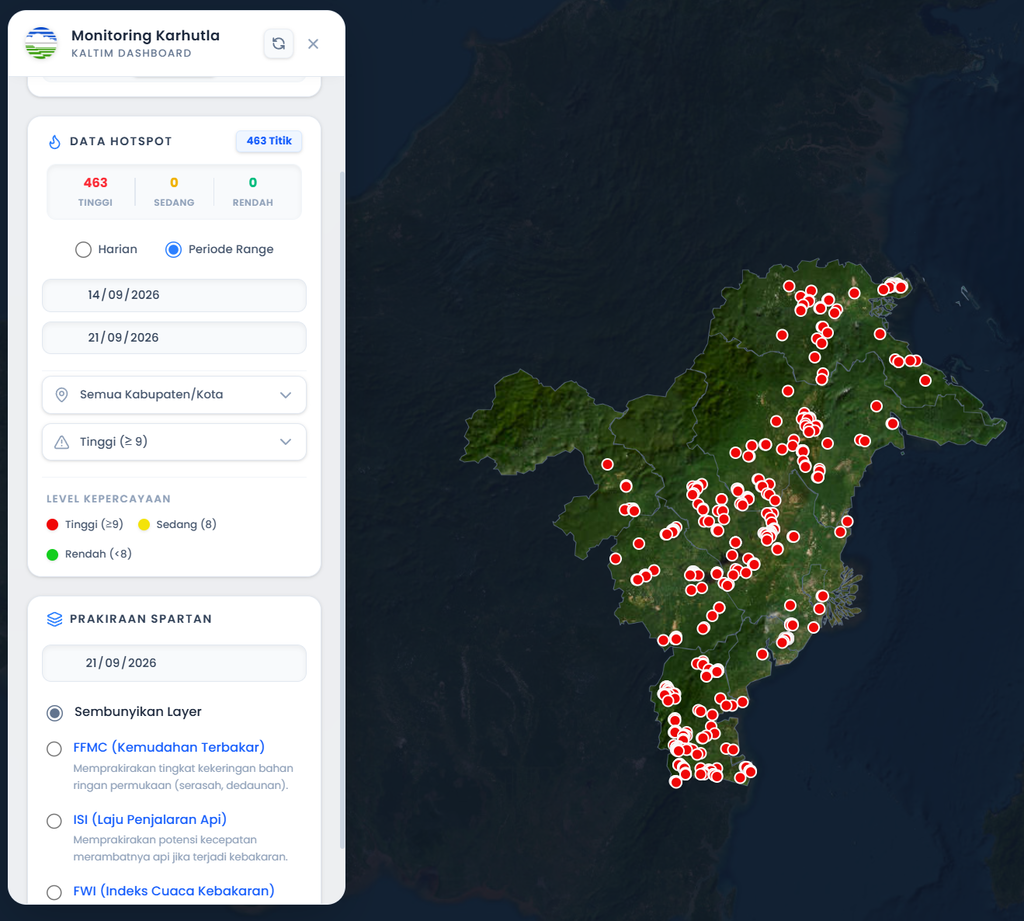 Data sebaran titik panas (hotspot) di Kalimantan periode 14–21 September 2026 berdasarkan pemantauan BMKG. foto/DOk. BMKG Data Sebaran Panas Kalimantan
