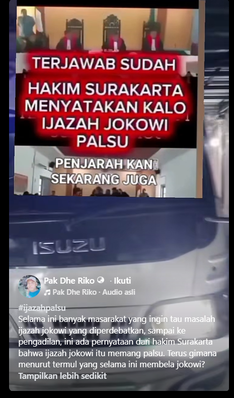 Periksa Fakta Hakim Surakarta nyatakan ijazah Jokowi palsu. foto/Hotline periska fakta tirto Periksa Fakta Hakim Surakarta nyatakan ijazah Jokowi palsu