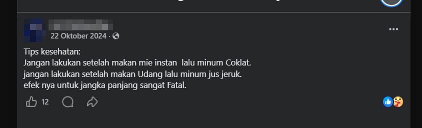 Periksa Fakta bahaya minum coklat setelah makan mie instan. foto/hotline periksa fakta tirto Periksa Fakta bahaya minum coklat setelah makan mie instan