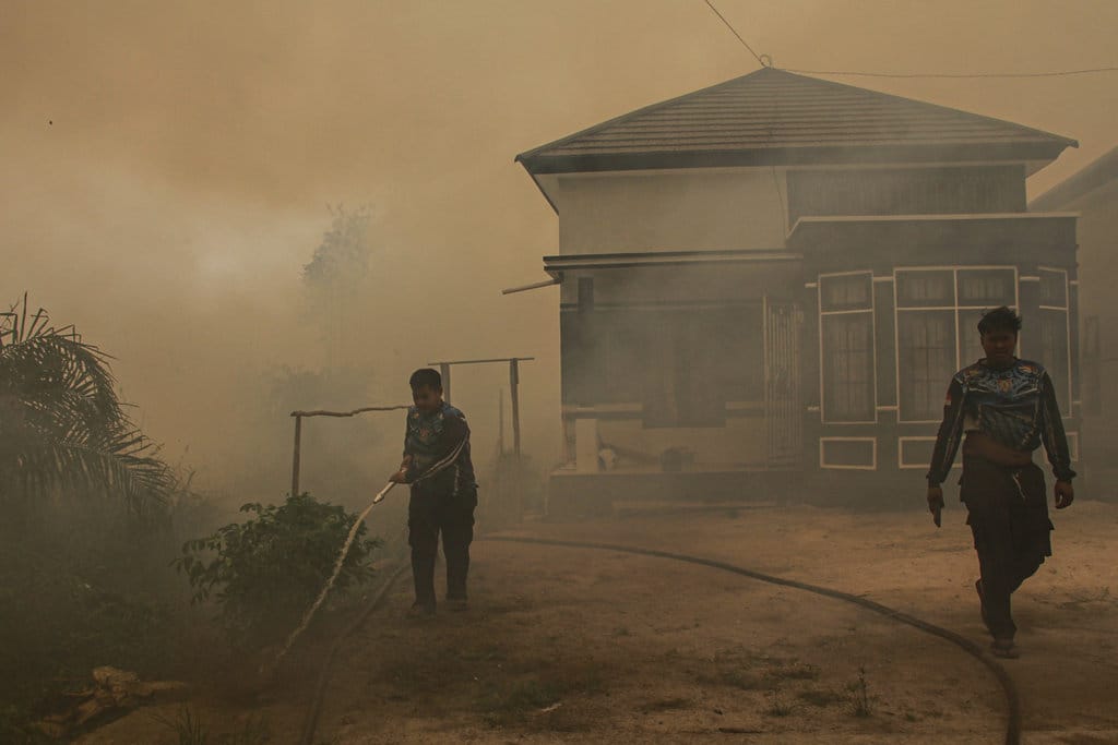 Petugas menarik selang saat memadamkan kebakaran lahan yang mendekati kawasan permukiman warga di Kecamatan Jekan Raya, Palangka Raya, Kalimantan Tengah, Jumat (9/10/2026). Badan Penanggulangan Bencana Daerah Kota Palangka Raya menyebutkan sejak penetapan status siaga darurat kebakaran hutan dan lahan (karhutla) pada 1 Juni hingga 8 Oktober 2026 total luas karhutla telah mencapai 1407,75 hektare dalam 832 kejadian kebakaran. ANTARA FOTO/Auliya Rahman/wsj. Karhutla di Palangka Raya meluas