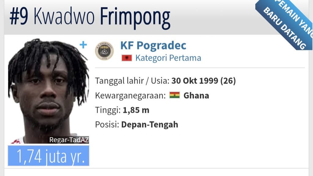 Nama Godfred Kwadwo Frimpong tercantum dalam situs data transfer pemain Transfermarkt. Godfred Kwadwo Frimpong di tangkap
