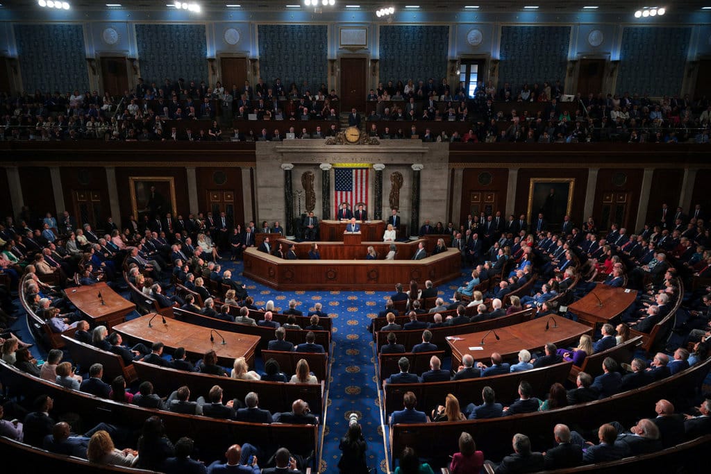 Sidang gabungan Kongres AS di Gedung Capitol pada 28 April 2026, di Washington, DC. Dalam kunjungan pertama Raja Charles ke AS sebagai Raja Inggris. Chip Somodevilla/Getty Images/AFP Kongres Amerika Serikat