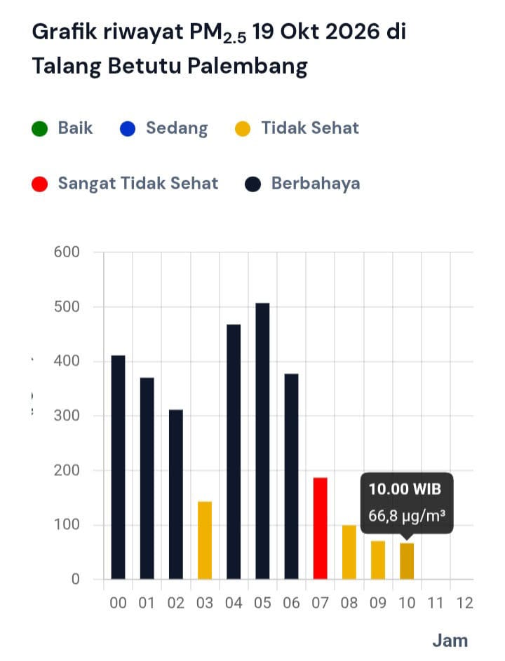 Grafik PM2.5 yang terpantau di Stasiun Talang Betutu Palembang, Senin (19/10/2026). FOTO/BMKG Grafik PM 25